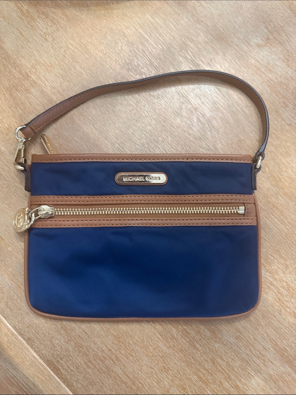 Michael Kors Navy and Brown Leather-Trim Wristlet